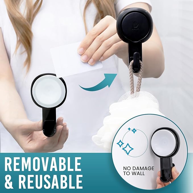 TAILI 4 Pack 360° Rotatable Powerful Suction Cup Shower Hooks for Towel, Loofah, Damage-free Hanging Versatile Wall Hooks for Inside Bathroom, Decoration, Removable Suction Holders, Easy to Use, Black