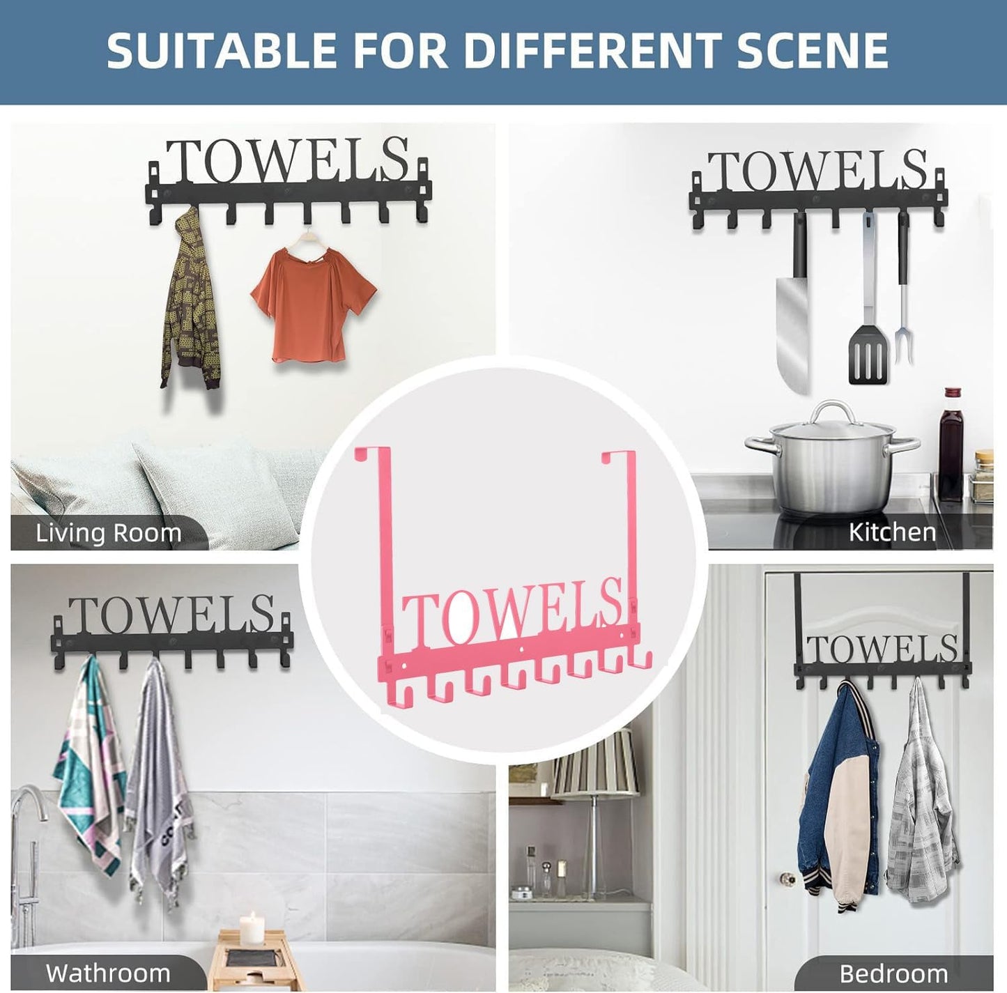 Over The Door Hooks - Wall Mount Towel Hanger with 8 Hooks for Bedroom Bathroom Pool Kitchen Towels, Bag, Coats - Pink