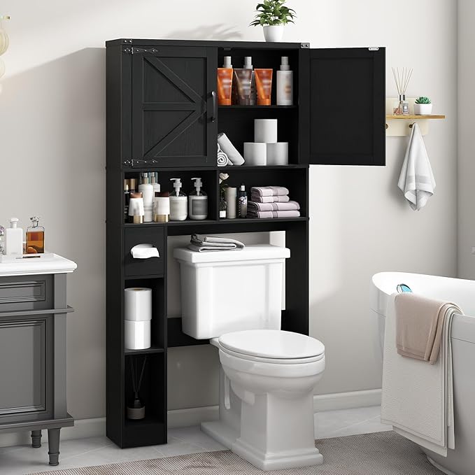 Over The Toilet Storage Cabinet, Farmhouse Storage Cabinet Over Toilet with 2 Barn Doors && Toilet Paper Holder Stand,Home Space-Saving Toilet Rack, for Laundry, Restroom, Bathroom.Pure Black