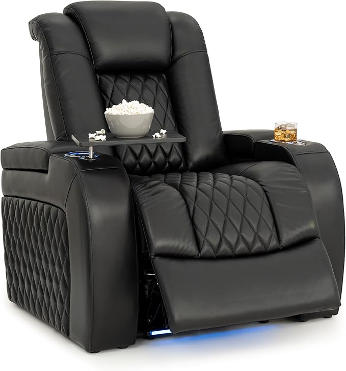 Seatcraft Diamante Zero-Gravity CoolZero Italian Leather Home Theater Seating, Power Headrest, Power Recline, Single Recliner, Black
