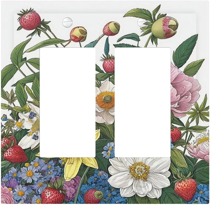 Spring Watercolor Flower Plant Strawberry Peony Floral Decorative Outlet Covers 2 Gang Double GFCI Rocker Electrical Wall Panels Light Switch Cover Plate for Bedroom living Room Decor