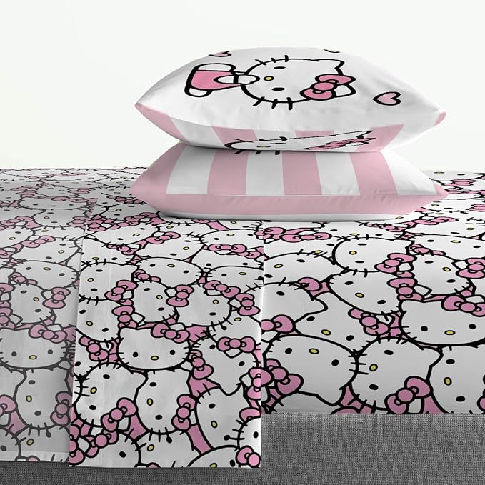 Jay Franco Sheet Set with Fitted, Flat Sheets & Pillow Cover - Ultra-Soft Bedding with Pillowcase for Room Decor, Multi - Hello Kitty, 4 Piece Queen