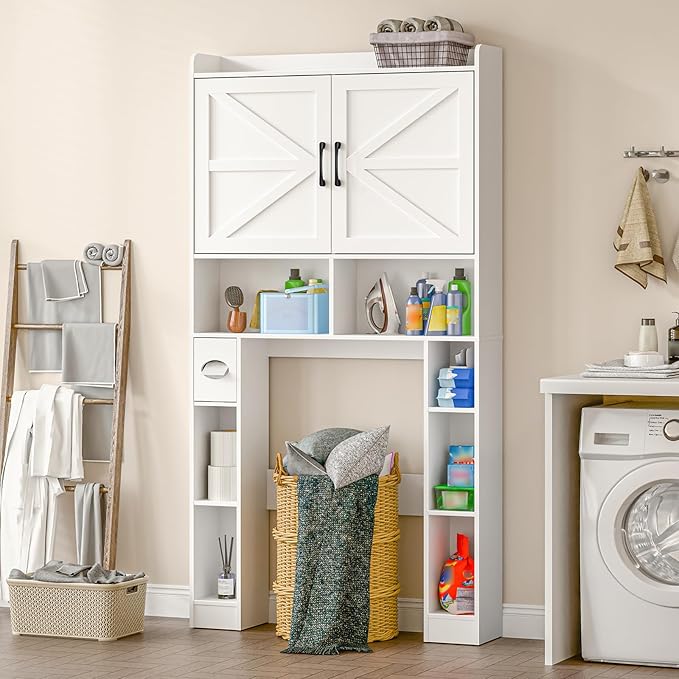 Over The Toilet Storage Cabinet, Farmhouse Toilet Cabinet Rack with Barn Doors, Space Saving Bathroom Organizer with Shelves, Toilet Paper Holder and Towel Rack for Bathroom,Restroom,Laundry(White)