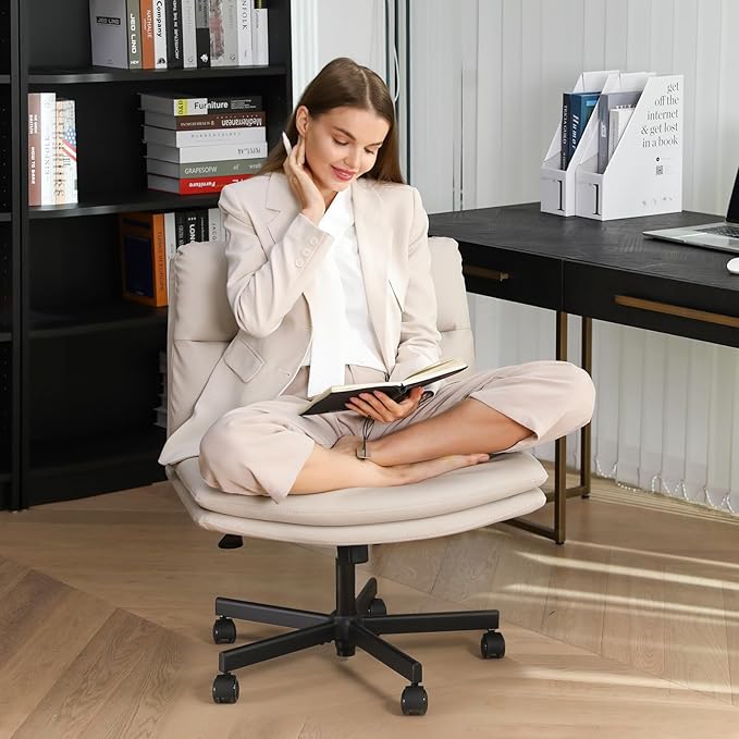 EMIAH Armless Office Desk Chairs Criss Cross Chair with Wheels Mid-Back Ergonomic Home Office Computer Chair Comfortable Thickened Cushion Adjustable Swivel Task Chair with Genuine Leather