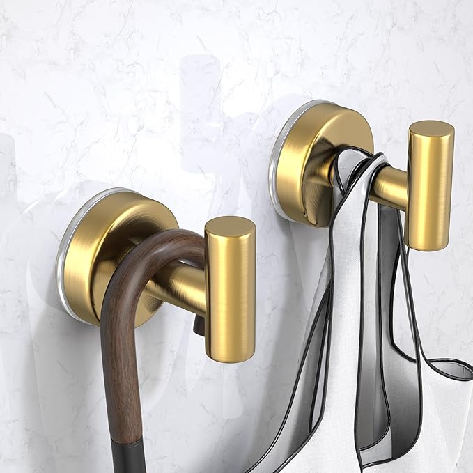 Suction Cup Hooks for Shower, Stainless Steel Shower Hooks for Hanging Towels, Robes, Bath Balls, Towel Hooks for Bathroom Wall, Glass Door, Kitchen, Mirror, Tile (2 Pack,Gold)