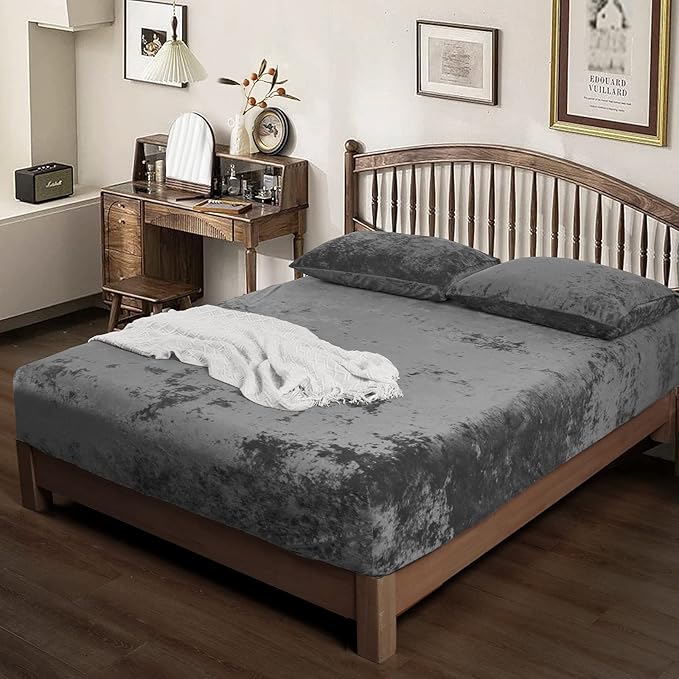 PHF Truly Velvet Fitted Sheet Only California King Size, Luxury Super Soft Cozy Fuzzy Fleece Bottom Sheet with Deep Pocket Up to 16", Suitable for Fall Winter Spring, No Pillowcases, Dark Grey