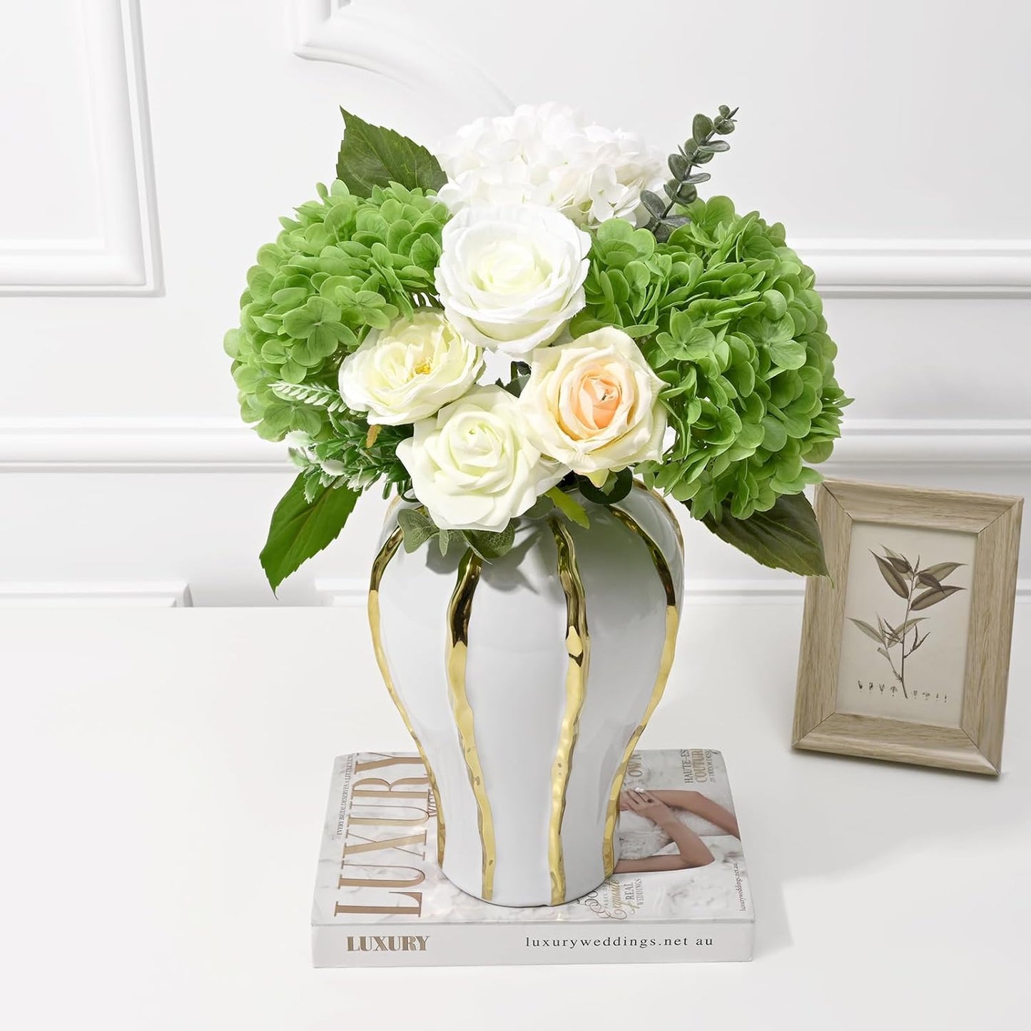 Artflower 4Pcs Real Touch Hydrangea Artificial Flowers, 22.5'' White & Green Faux Full Latex Hydrangea Flowers for Home Decor Floral Arrangements Wedding Bouquets Table Centerpiece Decorations