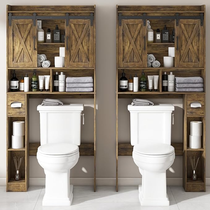 Over The Toilet Storage Cabinet, Farmhouse Storage Cabinet Over Toilet with Sliding Doors & Toilet Paper Holder Stand,Home Space-Saving Toilet Rack, for Bathroom, Restroom, Laundry