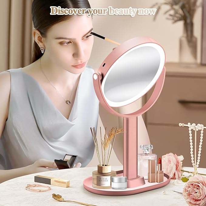 Makeup Mirror with Lights, Double Sided 1x/20x Magnifying Mirror with Light, Rechargeable 3 Color Lights Adjustable Brightness, 360° Rotation Detachable Comes with Tweezer (Rose-Gold)