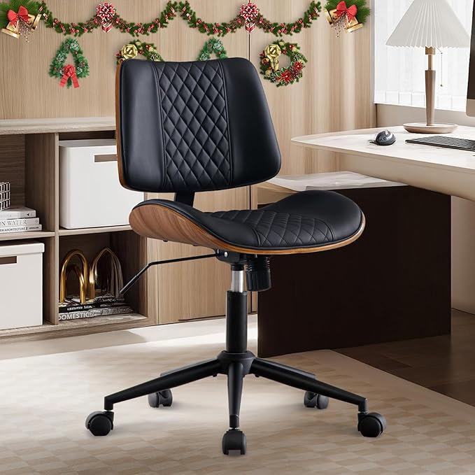 BV Small Desk Chair, Mid Century Office Chair with Bentwood Back, Armless Task Swivel Chair with Wheels, Mid Back No Arms, Faux Leather Office Chairs for Small Space, Black