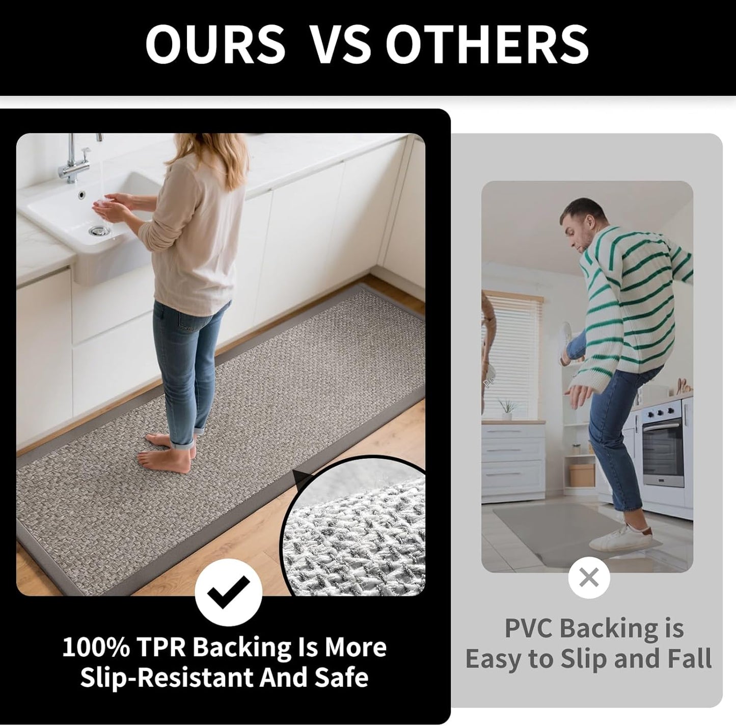 Kitchen Runner Rugs Non Slip Washable, Super Absorbent Kitchen Mats for Floor, Rubber Backing Jute-Like Braid Long Sink Mat Standing Floor Mat, Machine Washable, Gray 17"x59"