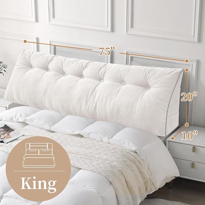 Sasttie Headboard Pillow King, Wedge Pillow Headboard for Sitting Up in Bed, Back-Rest Support Triangular Cushion for Reading - Features Removable Washable Cover, White