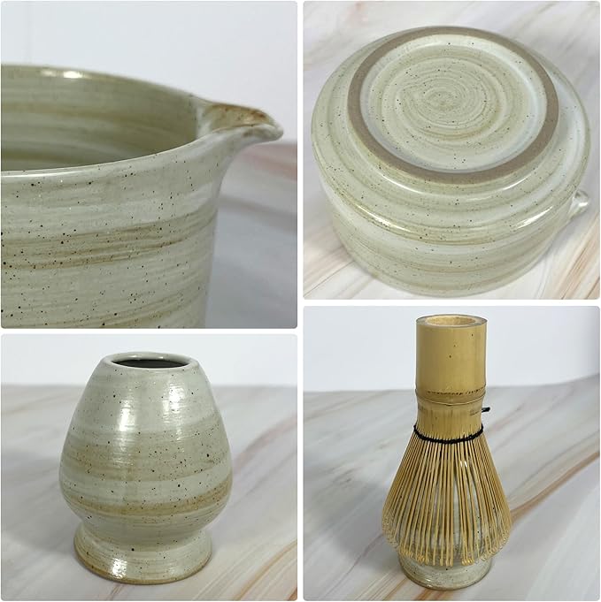 Matcha Whisk Set,6Pcs Matcha Kit Includes Matcha Whisk and Holder,Matcha Bowl with Spout,Matcha Sifter and 2Pcs Matcha Spoon,Suitable as a gift for those who like matcha (Gray)