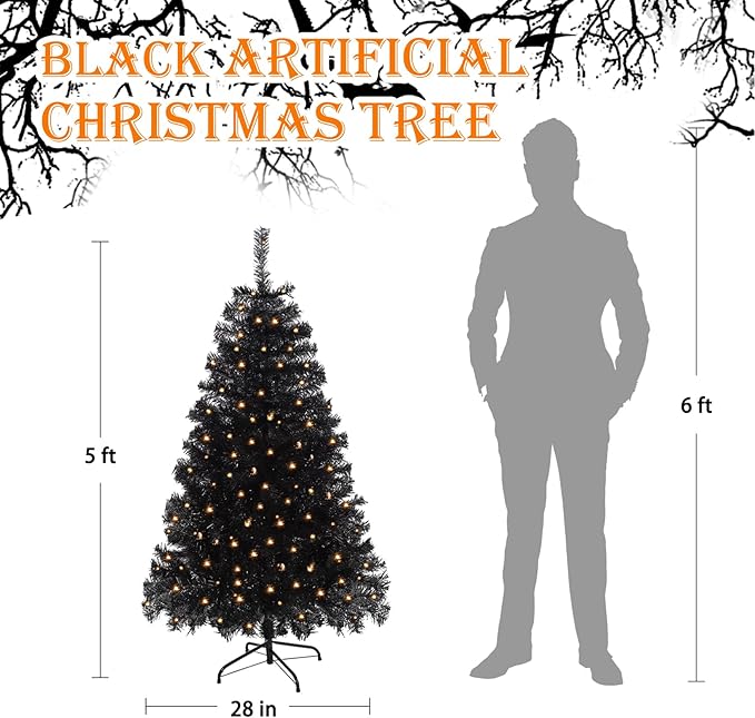 5FT Pre-Lit Black Christmas Tree, Small Artificial Halloween Tree with 600 Branch Tips, Xmas Full Tree for Indoor Holiday Party,200 Warm Lights, Foldable Metal Stand