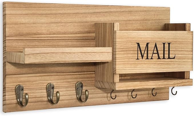 Mail Organizer for Wall Mount – Key Holder with Shelf Includes Letter Holder and Hooks for Hallway Farmhouse Decor – Rustic Wood with Flush Mounting Hardware (16.5” x 9.1” x 3.4”) (Wood)