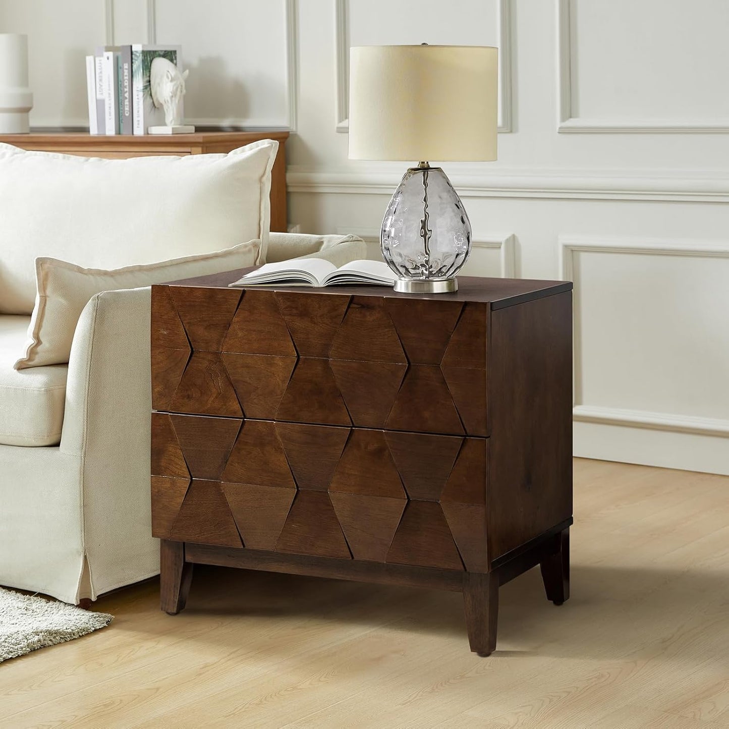 HULALA HOME Wood Nightstand with Charging Station 2 Drawer Dresser with Wooden Legs Mid Century Modern Bedside French Style End Table for Bedroom, Walnut