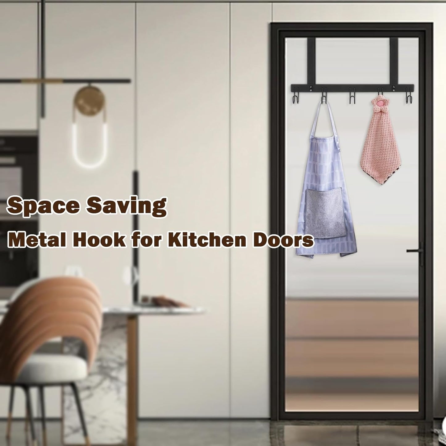 Over The Door Hooks, No Drill Door Towels Hanger, Metal Hanging Towel Holder with 5 Coat Hooks for Bathroom, Bedroom, Kitchen (Matte Black)