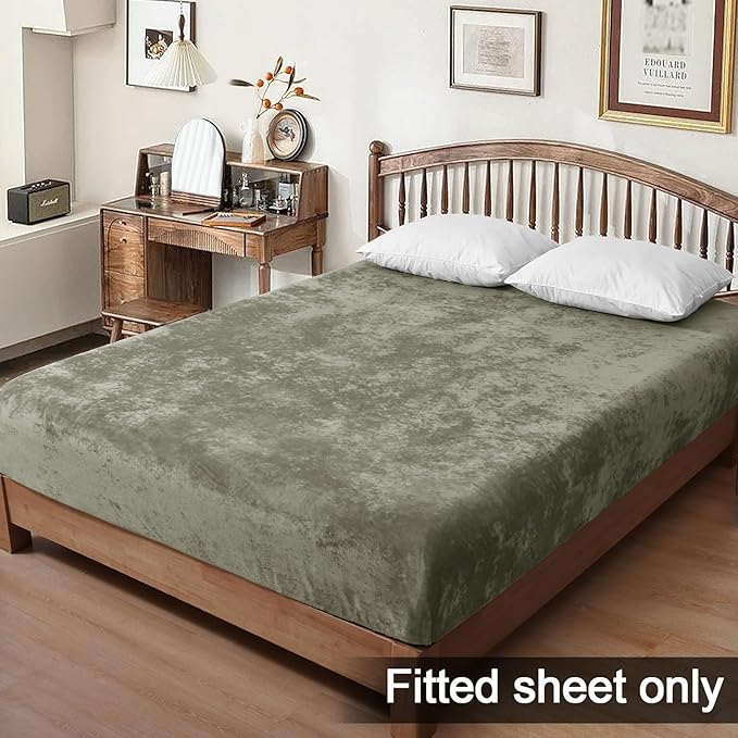 PHF Truly Velvet Fitted Sheet Only Queen Size, Luxury Super Soft Cozy Fuzzy Fleece Bottom Sheet, Deep Pocket Up to 16",Suitable for Fall Winter Spring, No Pillowcases, Smokey Olive