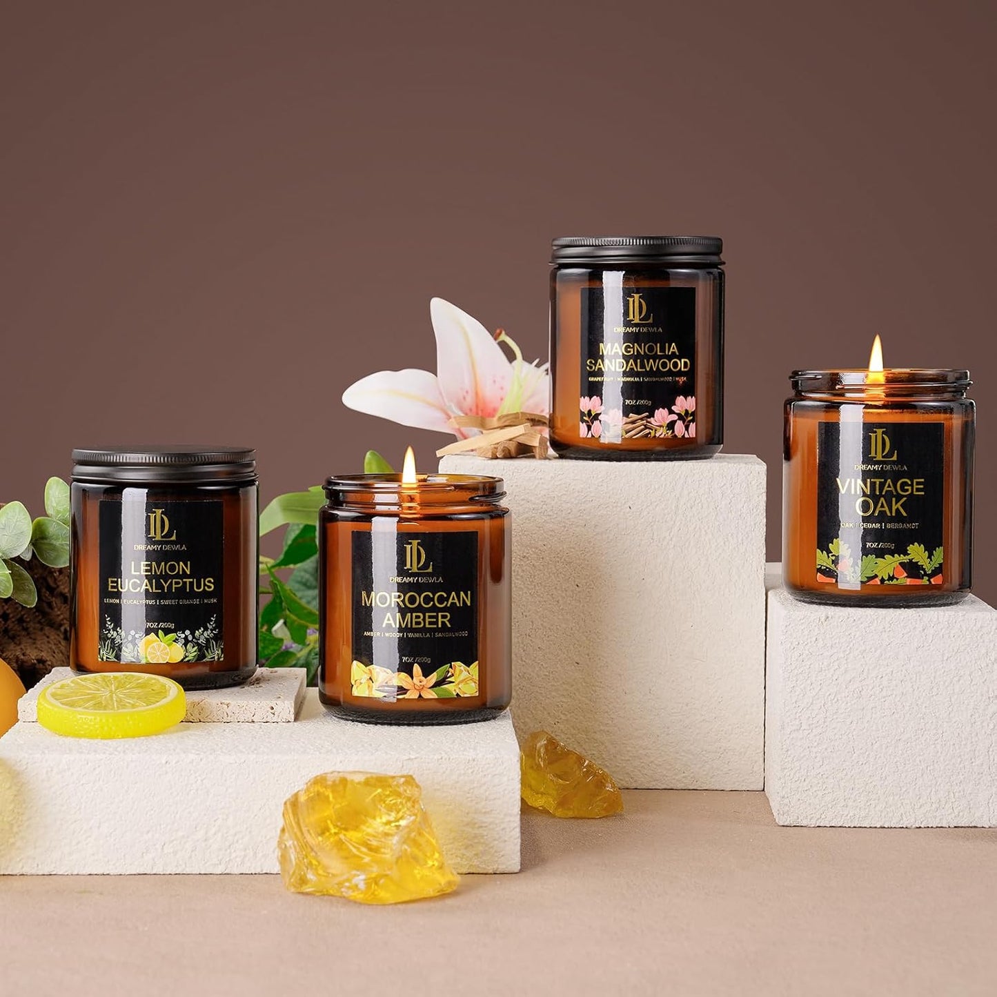 Magnolia & Sandalwood Scented Candles, Soy Candle for Home Scented, Masculine Amber Jar Candles Gifts for Men Women, 7oz