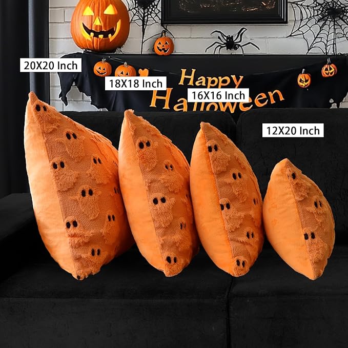 4TH Emotion Halloween Ghost Decorative Pillow Covers 20x20 Set of 2, Orange Soft Plush Faux Fur Farmhouse Throw Cushion Cases for Fall Autumn Holiday Home Decorations
