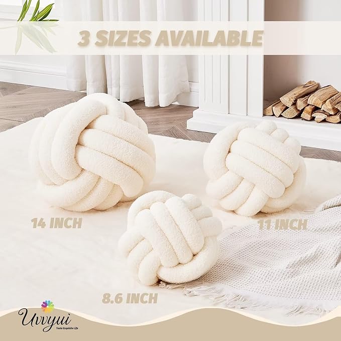 Uvvyui Knot Pillow Ball, Soft Home Decorative Round Throw Pillow, Handmade Knotted Plush Pillow, Round Boucle Pillow Cushion (8.6 Inches Ivory)