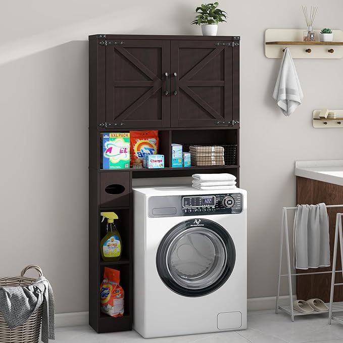 Over The Toilet Storage Cabinet, Farmhouse Storage Cabinet Over Toilet with Barn Doors & Toilet Paper Holder Stand,Home Space-Saving Toilet Rack, for Laundry, Bathroom, Restroom(Espresso).