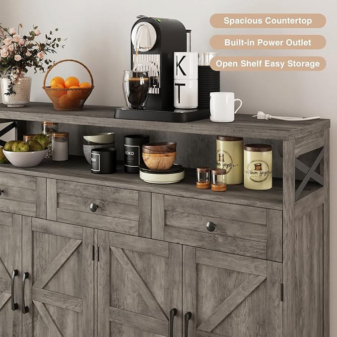 51" Farmhouse Buffet Sideboard with Storage, Kitchen Pantry Cabinet with Storage Drawers, Wood Cupboard Hutch, Coffee Bar Station Table for Kitchen, Living Room, Dining Room, Grey