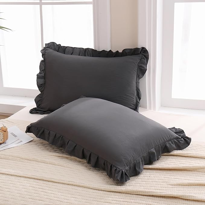 Merryword Reversible King Pillowcases Cute Pillow Cover Set of 2 Soft Shabby Chic Ruffled Pillowcases 2 Pack (King (20''x36''), Gray)
