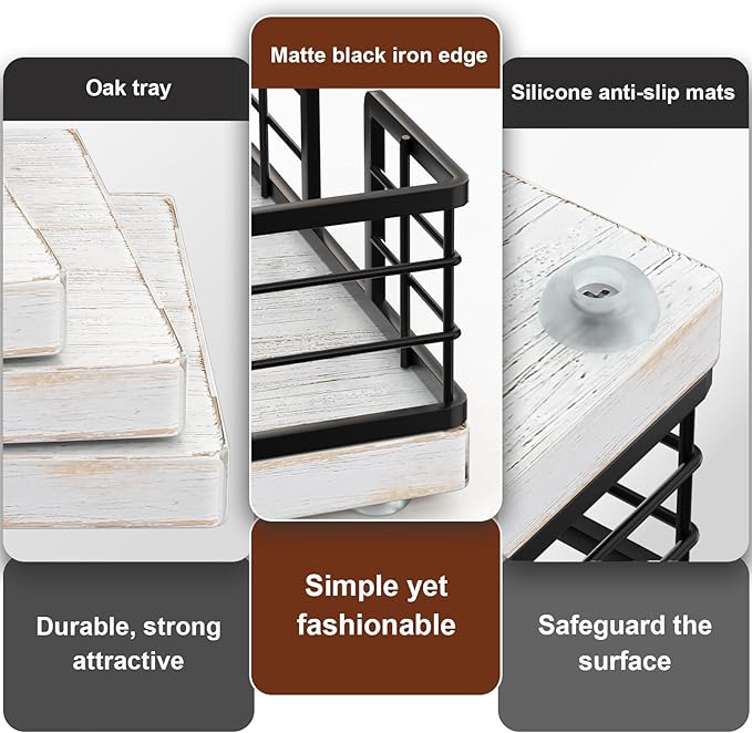 Wican Guest Towel Holder Tray for Bathroom, Oak and Iron Napkins Holder for Powder Room Dinning Table Wooden Basket for Disposable Paper Hand Towels Black and Farmhouse White
