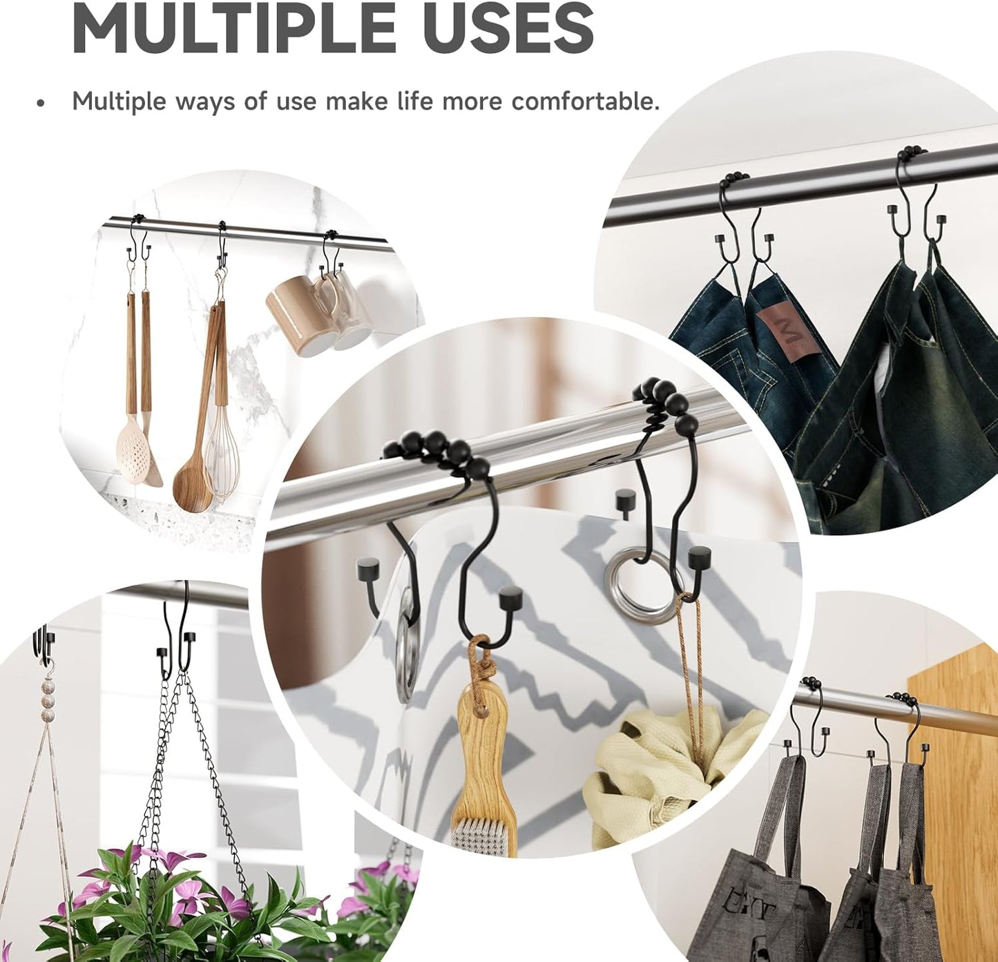 Shower Curtain Hooks, Shower Curtain Rings Rust Proof Double Hook Shower Curtain Hooks with Clindrical Design, 12 Pcs Black Shower Hooks for Shower Curtain, Metal Shower Rod Hooks