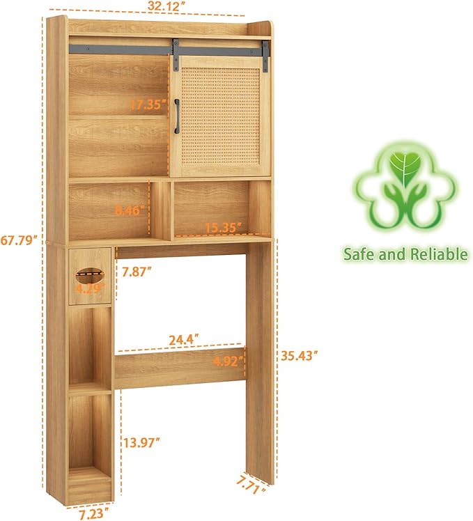 Over The Toilet Storage Cabinet, Farmhouse Rattan Storage Cabinet Over Toilet with Sliding Doors & Toilet Paper Holder Stand, Home Space-Saving Toilet Rack, for Bathroom, Laundry(Rattan Oak).