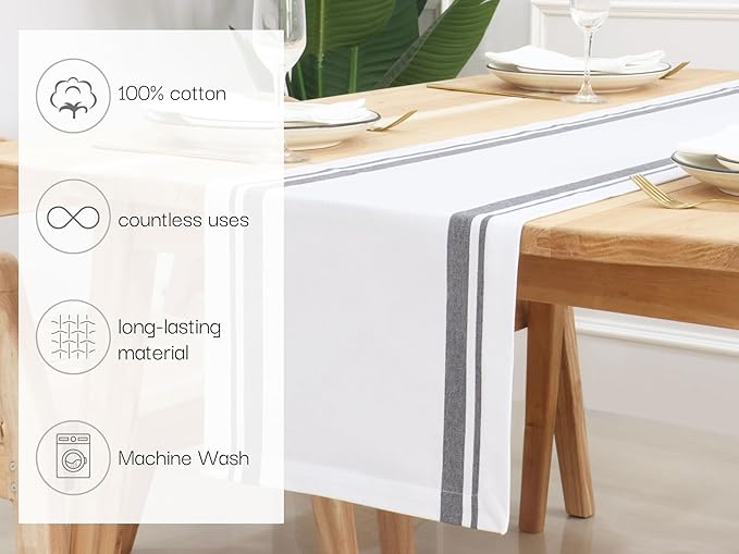 PurpleEssences French Striped Table Runner 72 inches Long Stripe Runner 14 x 72 Inch 100% Cotton - Durable Washable Fabric for Fall Thanksgiving - Grey and White