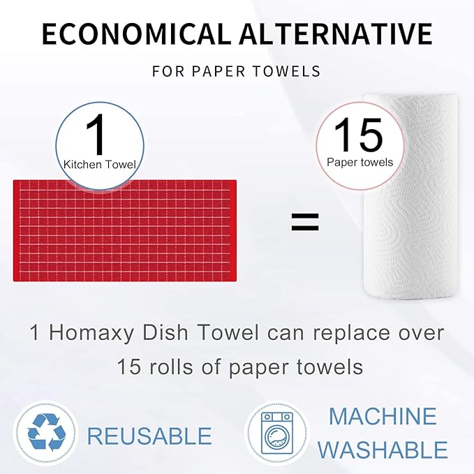 Homaxy 100% Cotton Terry Kitchen Towels(Red, 13 x 28 inches), Checkered Designed, Soft and Super Absorbent Dish Towels, 12 Pack