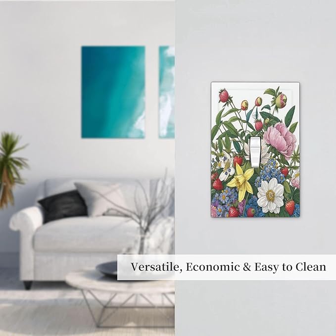 Spring Watercolor Flower Plant Strawberry Peony Floral Decorative Light Switch Cover 1 Gang Single Toggle Device Electrical Faceplate Switchplates Decorator Outlet Wall Plate for Bedroom living Room