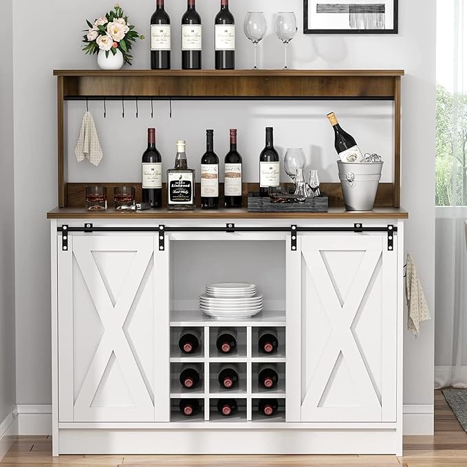 4ever2buy Farmhouse Coffee Bar Cabinet with Hutch, 47 Inch Buffet Cabinet with Storage, White Wine Bar with 9 Wine Racks and 6 Hooks, Coffee Bar Table with Adjustable Shelves for Living Dining Room