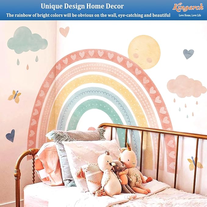 Large Watercolor Rainbow Wall Decals, Boho Sun Clouds Peel and Stick Fabric Nursery Wall Decor, Home Room Wall Decor Murals Stickers for Kids Girls Toddler Bedroom Living Room Playroom