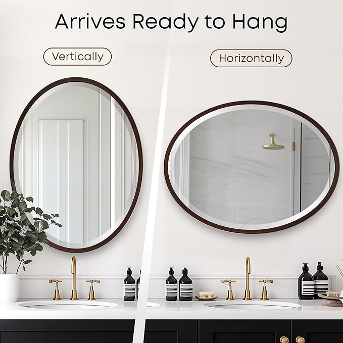 OVALCREST - Oval Wooden Beveled Wall Mirror for Home Decor, Bathroom, Vanity, Bedroom, Living Room, Hallway - London Style (Black Walnut) 19.1 x 25.1