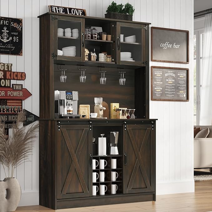 4ever2buy Farmhouse Coffee Bar Cabinet with 4 Mug Hooks, 72 Inch Wine Bar with with Hutch and 2 Sliding Barn Doors, Tall Coffee Bar with 9 Wine Racks for Living Dining Room, Dark Oak