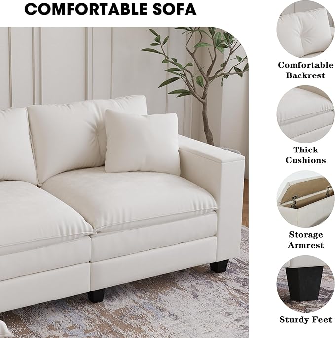 137",U Shaped Couch,Modern Modular Sectional Sofa, 4-Seater Comfy Cloud Couch with Two Movable Ottoman & Throw Pillows for Living Room, Bedroom and Apartment, Beige