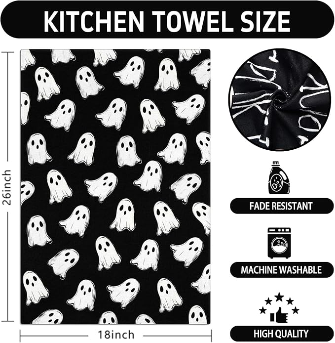Halloween Kitchen Towels, Black White Spooky Ghost Dish Towels, Hand Towels Holiday Home Indoor Bathroom Party Seasonal Decorations Set of 2, 18x26 Inch