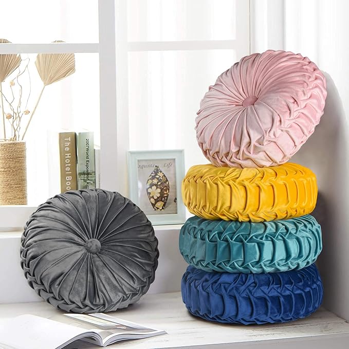 HIG Set of 2 Decorative Round Pleated Throw Pillows, Classy Accent Pumpkin Throw Pillows with Center Button, Vintage Velvet Floor Pillows for Sofa Couch Vanity Chair Bed, Teal, 14.5" Diameter(Ripple)