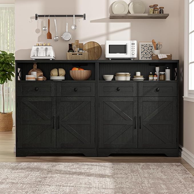 31.5" Black Storage Cabinet with Drawers and Shelf, Farmhouse Sideboard Buffet with Storage, Kitchen Pantry Hutch, Coffee Bar Cabinet Station Table for Kitchen, Living, Dining Room