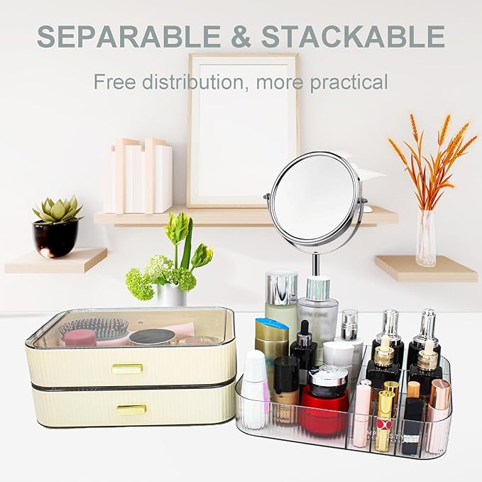 Makeup Organizer with 2 Drawers, Cosmetics Organizer for Bedroom and Bathroom Vanity Countertops, Large Capacity Cosmetic Storage Box for Skincare Cream Perfume Lipstick Dresser Counter-White