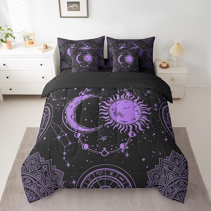 Sun and Moon 7 Piece Bedding Set, Constellation Galaxy Comforter Set Cover for Kids Boys Girls Teens Psychedelic Boho Mandala Bedding Set Celestial Puprle Black Full Size