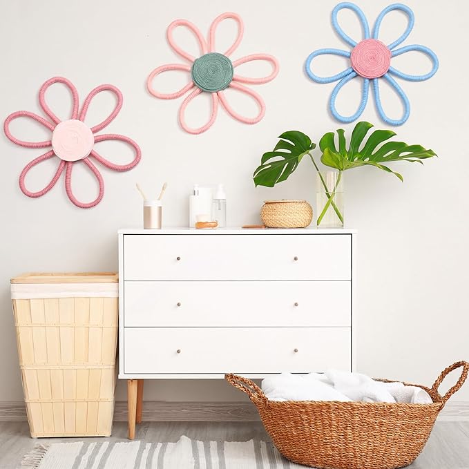 Peryiter 3 Set 10 Inch Boho Nursery Decor Woven Daisy Flower Macrame Wall Hanging for Baby Girls Nursery Home Bedroom Dorm Decor (Stylish Color)