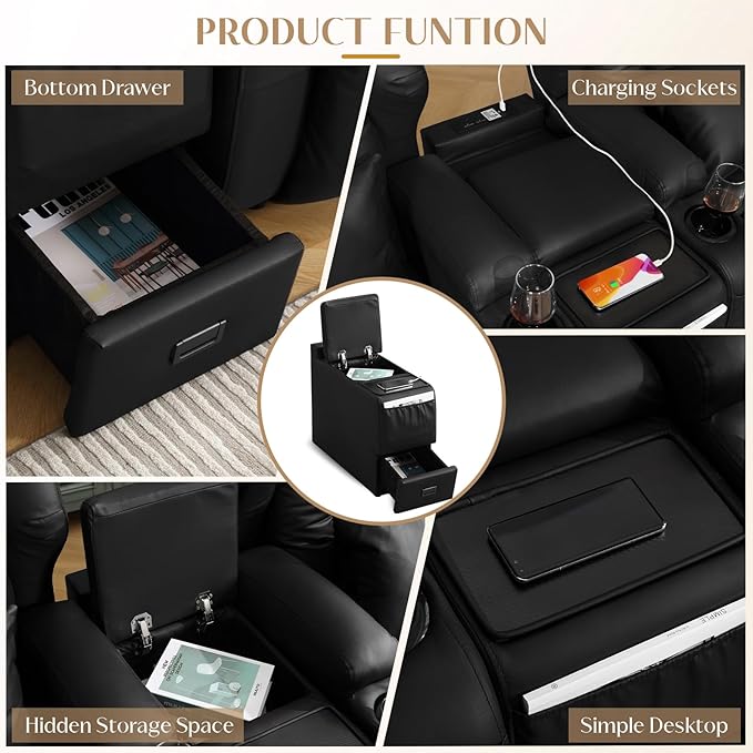 Wall Hugger Power Recliner Chair, Home Theater Seating Electric Recliing Sofa with Massage & Heat, Cup Holder, USB Port, LED Ambient Light, Storage for Living Room (Black, 2 Chairs + Console)