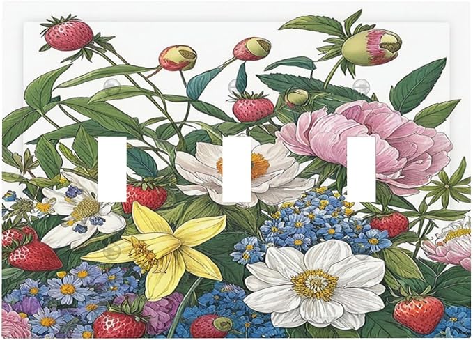 Spring Watercolor Flower Plant Strawberry Peony Floral Decorative Switch Plates 3 Gang Wall Plate Faceplate Electrical Wall Panels Triple Toggle Light Switch Cover for Bedroom living Room Decor