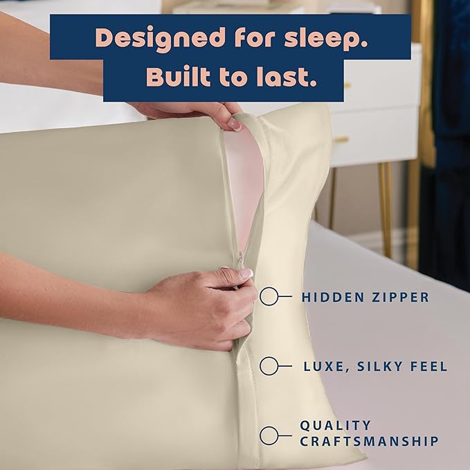 Satin Pillowcase with Zipper, for Hair and Skin Care, Feels Soft and Cool Like a Silk Pillowcase, Satin Pillow Cases 2 Pack, Slik Pillow Cover, Champagne, Queen, Set of 2