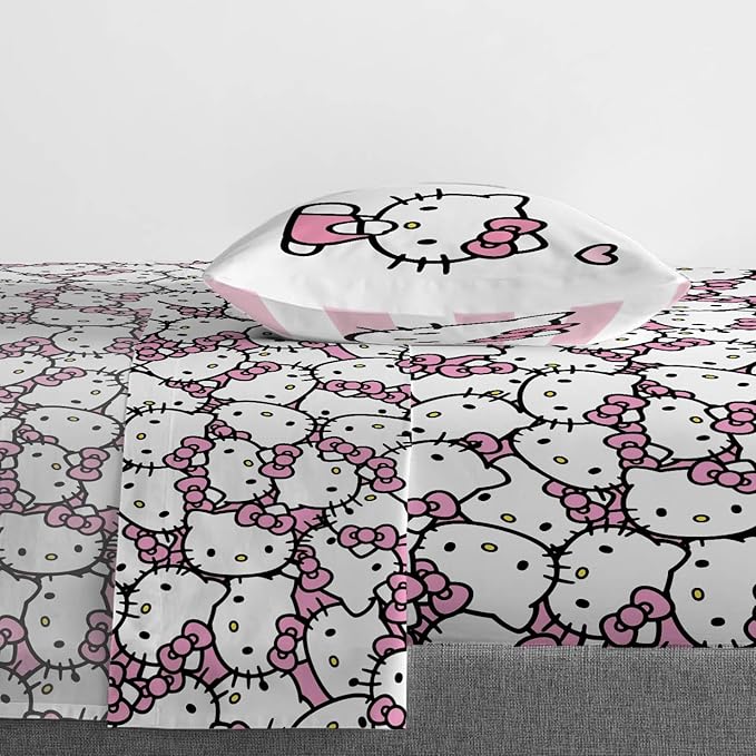 Jay Franco Sheet Set with Fitted, Flat Sheets & Pillow Cover - Ultra-Soft Bedding with Pillowcase for Room Decor, Multi - Hello Kitty, 3 Piece Twin