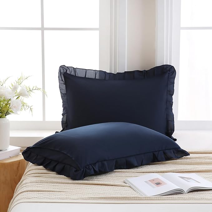 Merryword Navy Pillow Shams Navy Blue Ruffle Standard Pillowcases Cute Pillow Cover Set of 2 Shabby Chic Soft Microfiber Pillowcases 2 Pack